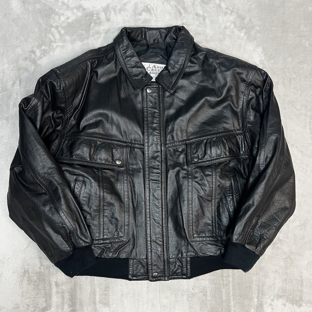 Vintage Ash Creek Trading Leather Jacket Mens Size XL Black Bomber Moto Biker